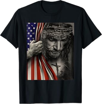 Vintage American Flag And Jesus Cross Christian Holiday T-Shirt