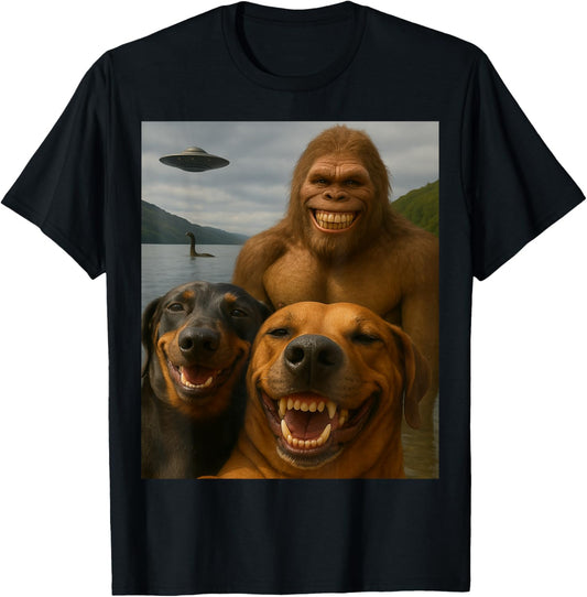 Funny Bigfoot Nessie UFO Dog Selfie Cryptid Meme T-Shirt