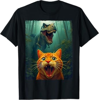 Cat Selfie With T-Rex Funny Gift Cat Lover Men Women Boy Kid T-Shirt