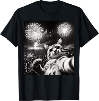 Cat Selfie With Fireworks Funny Cat For Men Women Kid T-Shirt