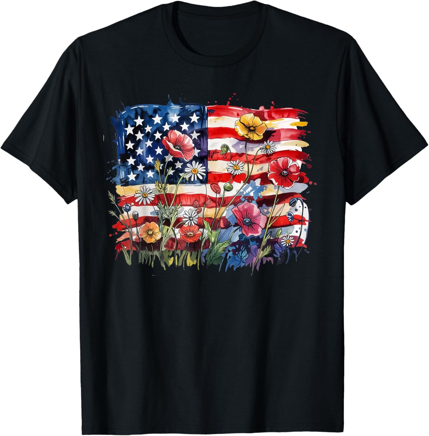 Womens Floral American Flag Daisy 4th July Women Girls T-Shirt