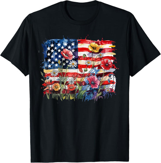 Womens Floral American Flag Daisy 4th July Women Girls T-Shirt