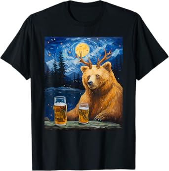 Aesthetic Vangogh Style Starry Night Beer Bear and Deer T-Shirt