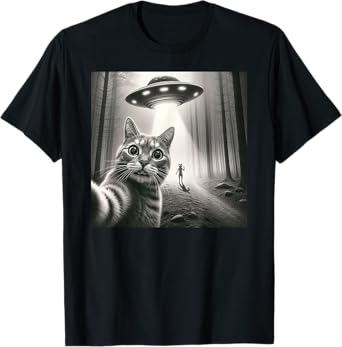 Cat Selfie With Alien UFO Funny Men Women Kid T-Shirt