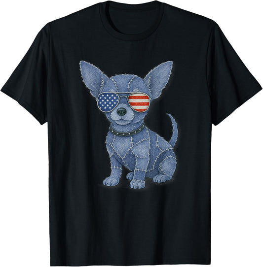 Patriotic Chihuahua With American Flag Sunglasses Denim Dog T-shirt
