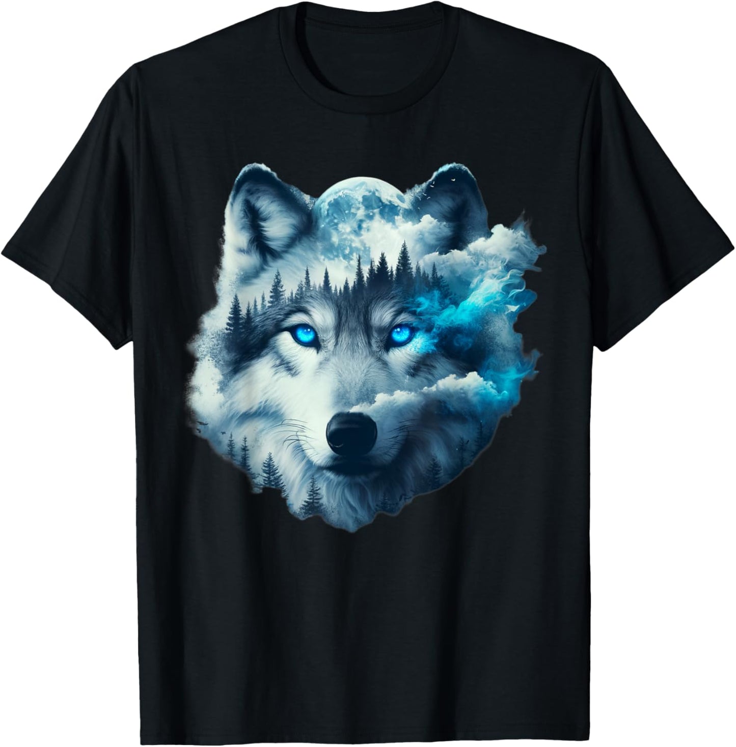 Surreal Double Exposure Art Moon Mist Wolf T-Shirt