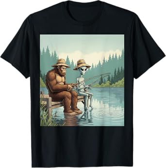 Alien Bigfoot Fishing Sasquatch Fishing Fisherman Men Boys T-Shirt
