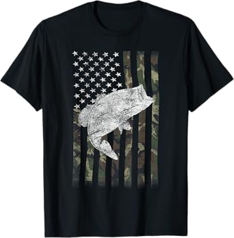 Bass Fishing US American Flag Large Mouth Camo T-Shirt for Women Kids Men