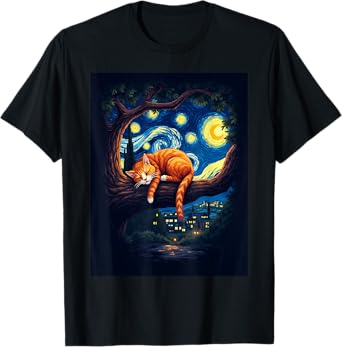 Van Gogh Starry Night Funny Cat Moonlit Scene Cat Lovers T-Shirt