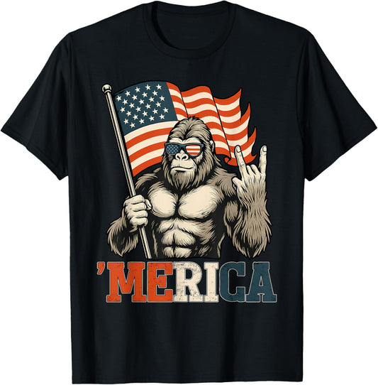 Funny Bigfoot Merica Rock USA Flag Patriotic 4th Of July T-Shirt