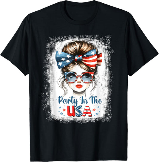 Party In Usa Girls 4th Of July Shirt Daughter Messy Bun Usa T-shirt