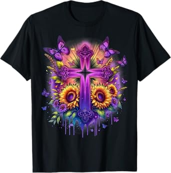 Vintage Faith Cross Sunflower Butterflies Flowers Christians T-Shirt
