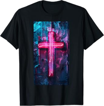 Neon Gothic Cross Neon cross Religious Cyberpunk T-Shirt