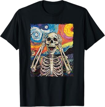 Skulls Starry Night Skeleton Painting Halloween Men Women T-Shirt