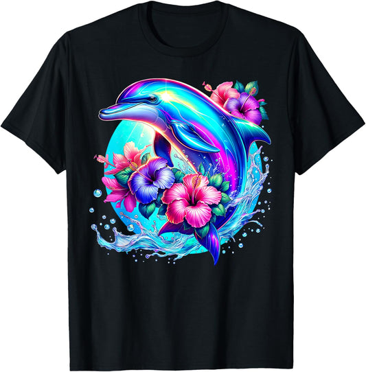 Colorful Hibiscus Flower Dolphin Sea Ocean Animal Lover T-Shirt