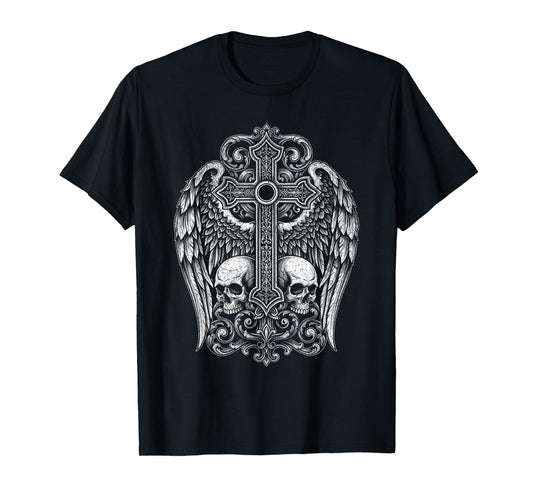 Gothic Cross Skull Wings Grunge Y2K Punk Rock Tattoo T-Shirt