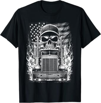 Trucker Patriotic American Flag Semi Truck Driver Skull T-Shirt