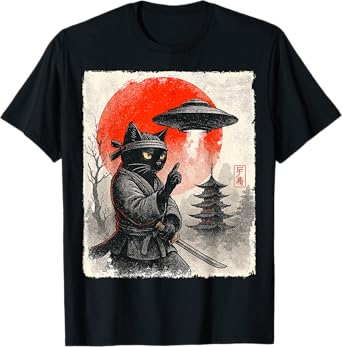 Samurai Ninja Cat Warrior UFO Japanese Anime Gifts Funny Cat T-Shirt