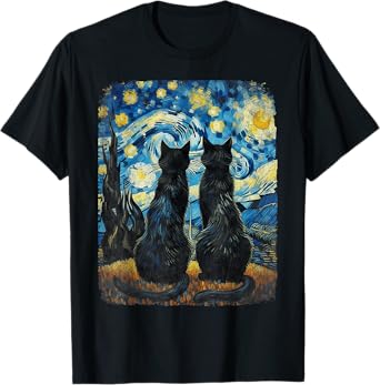 Cat Gifts for Cat Mom Dad Womens Starry Night Van Gogh Cat T-Shirt