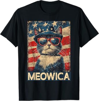 Meowica Cat American Flag - Patriotic Kitty Sunglasses T-Shirt