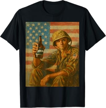 America Vintage Patriotic Soldier Holding Beer Bottle Merica T-Shirt