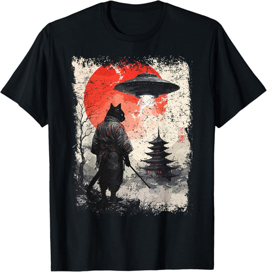 Samurai Ninja Cat Warrior Sumi-e UFO Ukiyo-e Sci Fi Japanese T-Shirt