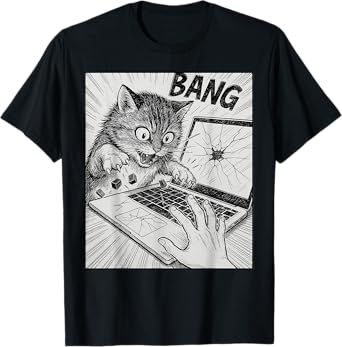 Vintage Funny Comic Cat Breaking Laptop Funny Retro Cat Meme T-Shirt