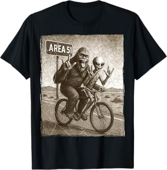 Bigfoot Alien UFO Bike Ride Rock On Area 51 Vintage Funny T-Shirt