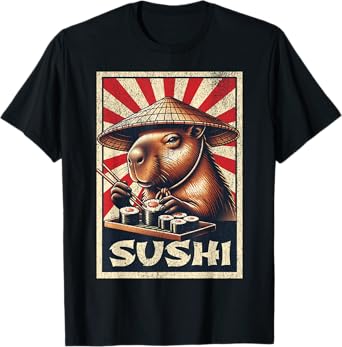 Vintage Capybara Eating Sushi. Anime Capybara Sushi Lover T-Shirt
