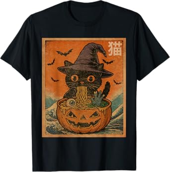 Spooky Black Cat Eating Ramen Japanese Halloween Women Girl T-Shirt