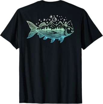 On Back Cool Fish Shaped from Mountains Nature Scene Fishing T-Shirt