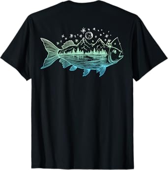 On Back Cool Fish Shaped from Mountains Nature Scene Fishing T-Shirt