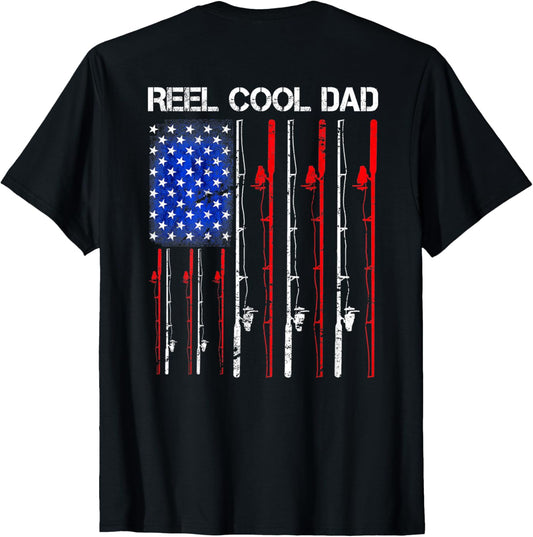 Mens Reel Cool Dad Fishing USA Flag Patriotic 4th Of July On Back T-Shirt