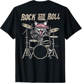 Rock and Roll Cat Drum Vintage ROCK Cat Drummer (ART BACK) T-Shirt for Men Women Kids