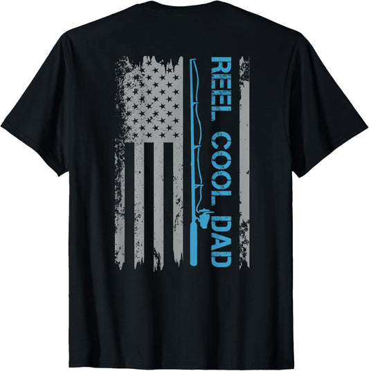 Mens Reel Cool Dad Fishing USA Flag Patriotic 4th Of July On Back T-Shirt