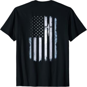 On Back American Flag Cross US Christian Patriotic T-Shirt