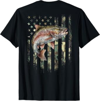(Art on Back) Camo American Flag Trout Fish Fishing T-Shirt