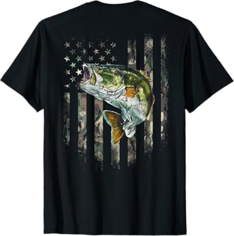(Art on Back) American Flag Camo Bass Fish Fishing T-Shirt