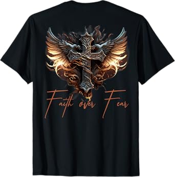 Biker Angel Wings Christian Cross Faith Over Fear - On Back T-Shirt
