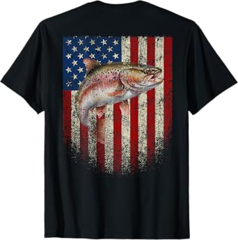 (Art on Back) American USA Flag Trout Fish Fishing Gift T-Shirt