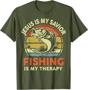 Jesus Is My Savior Fishing Therapy Funny Christian Bass Dad T-Shirt