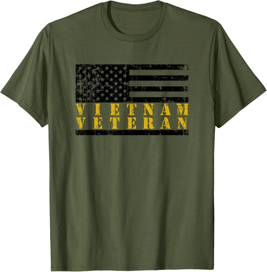 Vietnam Veteran Yellow Text Distressed American Flag T-Shirt